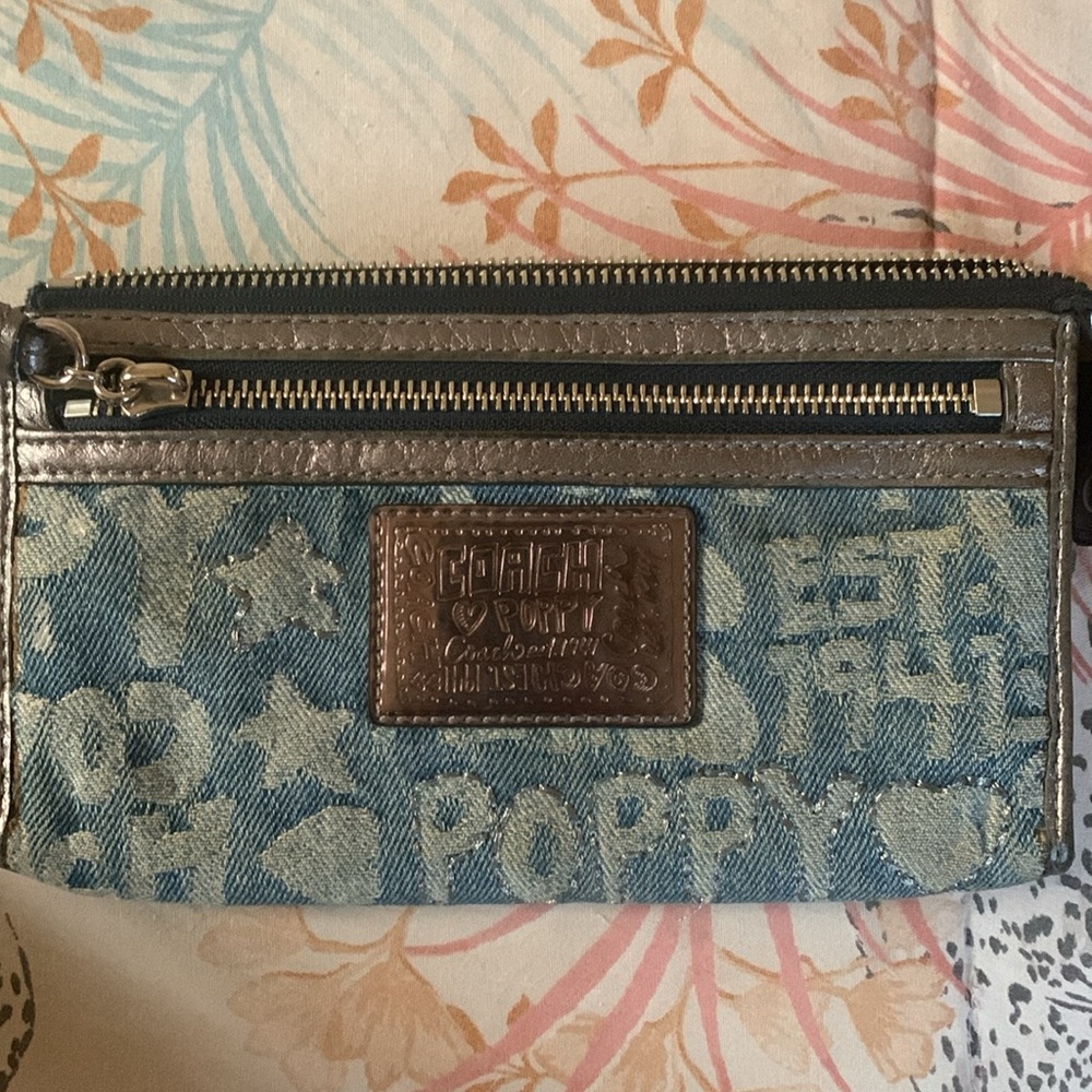 Coach Denim word block wristlet blue